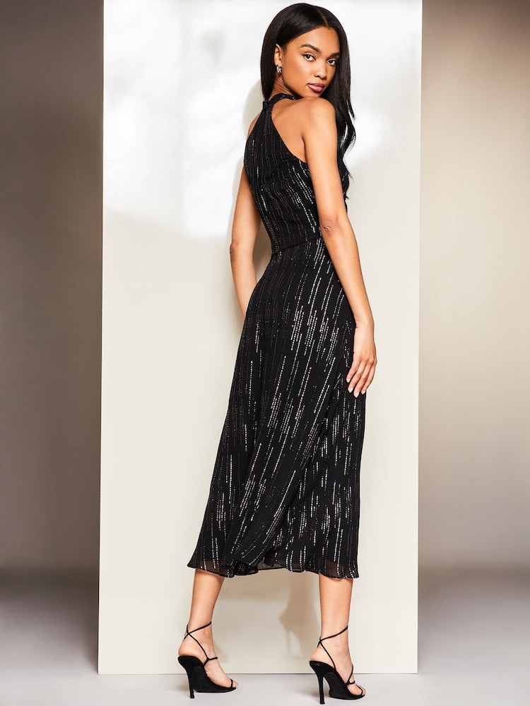 Lipsy Black Metallic Halter Neck Dress - Image 2 of 4 Lipsy Black Metallic Halter Neck Dress - Image 2 of 4