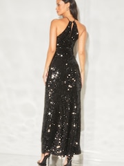 Lipsy Black Sequin Halter Ruched Maxi Dress - Image 3 of 3