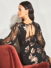 Lipsy Black Foil Leaf Underbust 3/4 Sleeves Midi Dress - Image 4 of 4