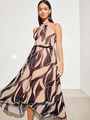 Lipsy Navy/ Blush Wiggle Halterneck Pleated Belted Midi Dress - Image 1 of 4