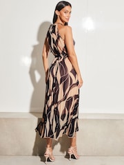 Lipsy Navy/ Blush Wiggle Halterneck Pleated Belted Midi Dress - Image 2 of 4