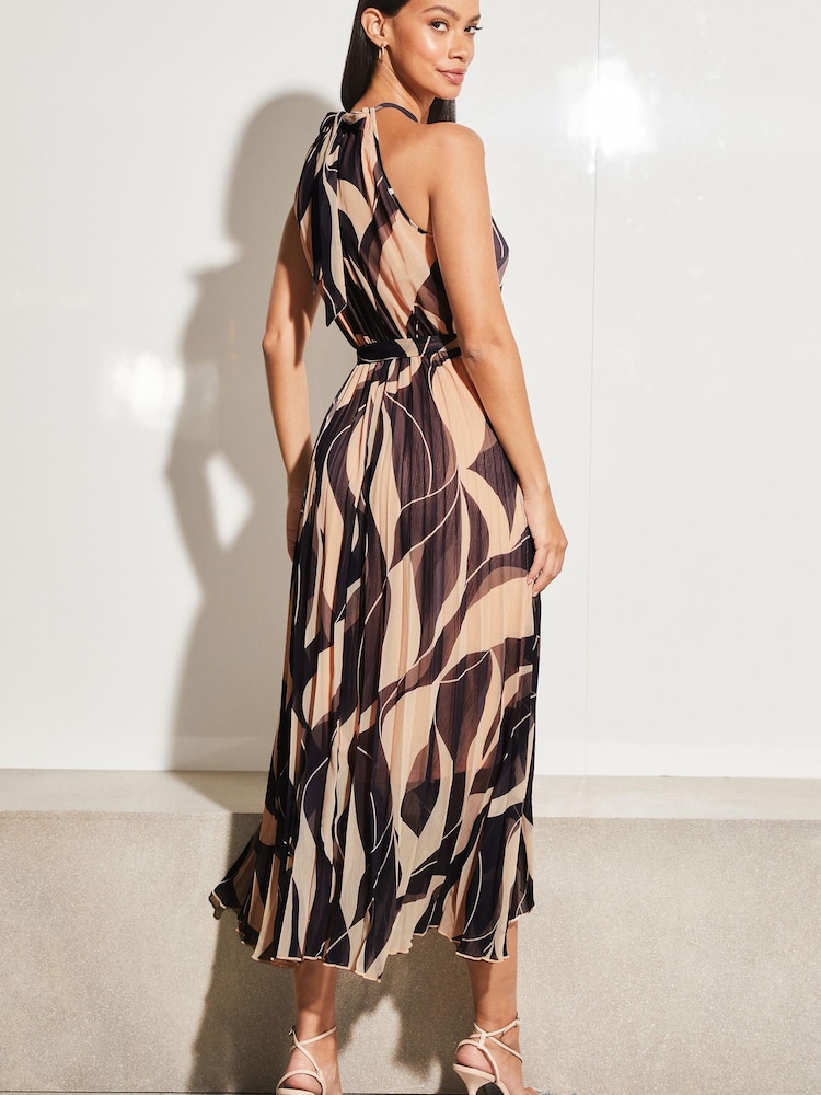Lipsy Navy/ Blush Wiggle Halterneck Pleated Belted Midi Dress - Image 2 of 4
