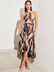 Lipsy Navy/ Blush Wiggle Halterneck Pleated Belted Midi Dress - Image 3 of 4