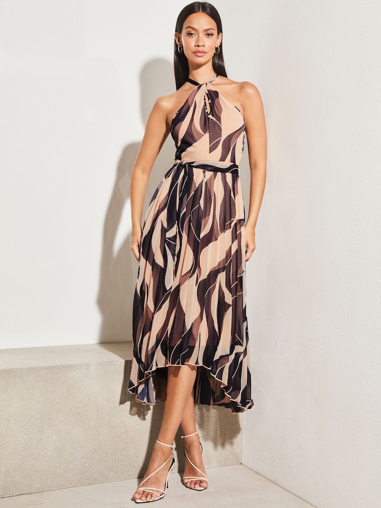 Lipsy Navy/ Blush Wiggle Halterneck Pleated Belted Midi Dress - Image 3 of 4