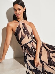 Lipsy Navy/ Blush Wiggle Halterneck Pleated Belted Midi Dress - Image 4 of 4