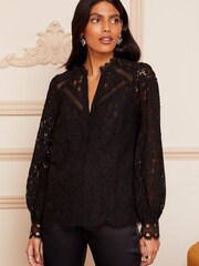 Schwarz - Love & Roses Spitzenbluse mit Knopfleiste - Bild 4 von 4