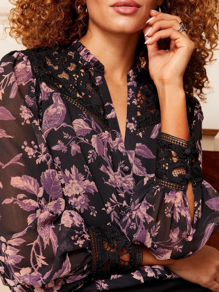Love & Roses Pink and Black Floral Lace Yoke Ruffle Neck Button Through Blouse - Image 2 of 4
