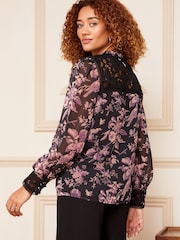 Love & Roses Pink and Black Floral Lace Yoke Ruffle Neck Button Through Blouse - Image 3 of 4