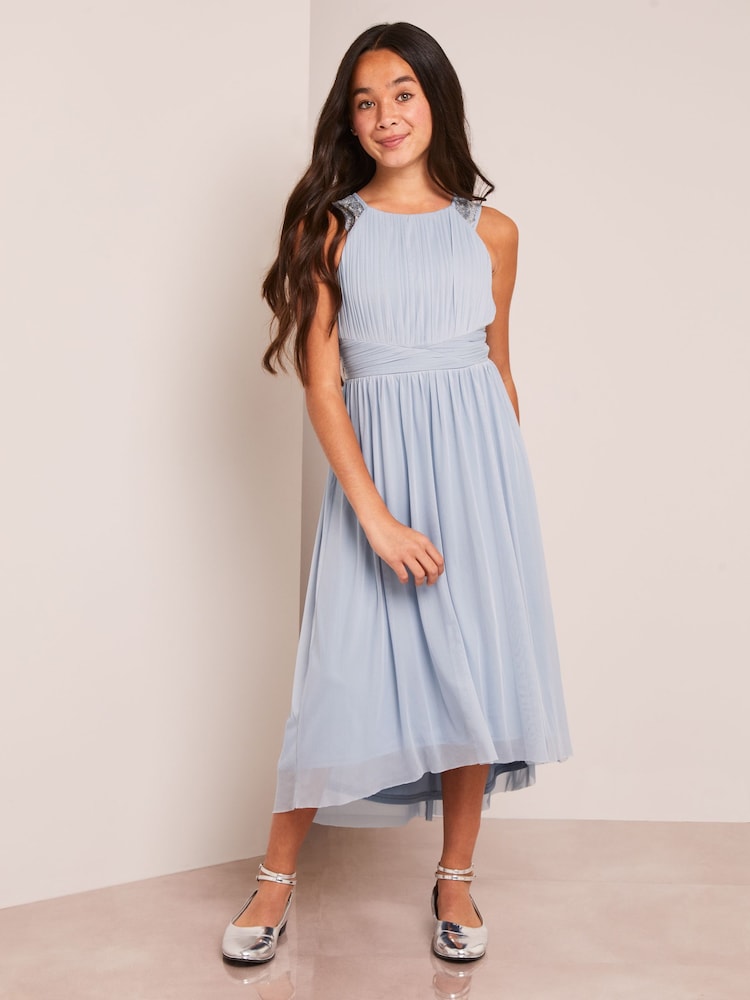 Lipsy Dusky Blue Embellished Strap Midi Occasion Dress - Image 1 of 4
