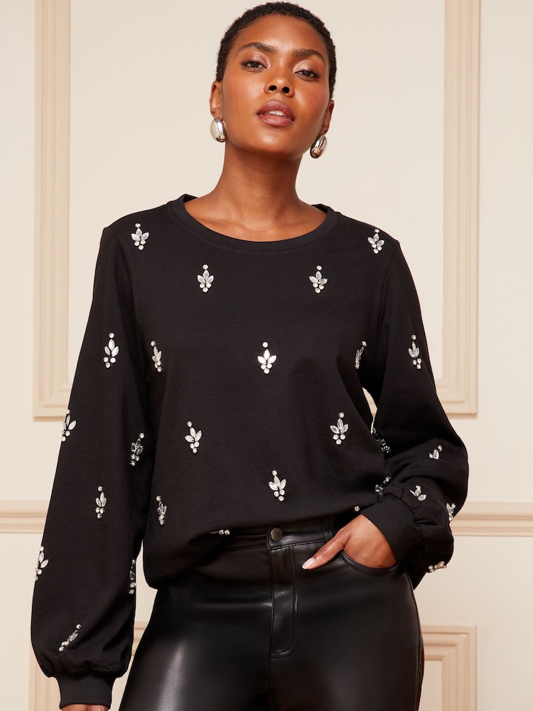 Love & Roses Black All over Beaded Embellished Sweatshirt - Image 1 of 4