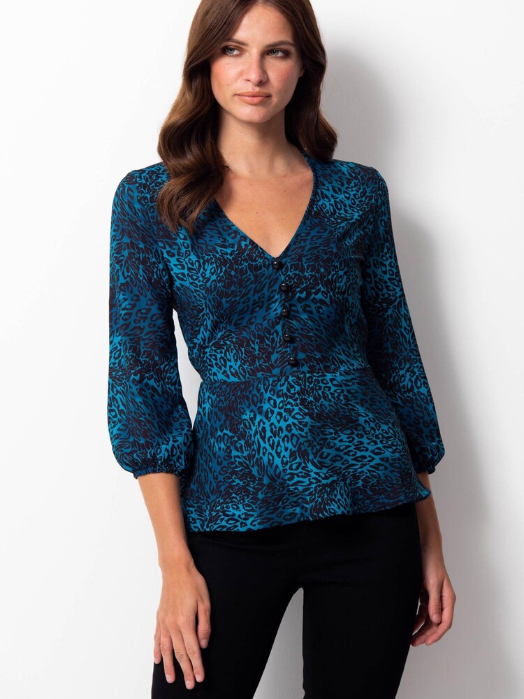 Sosandar Blue Animal Print Fit & Flare Top - Image 1 of 4