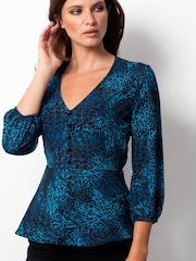 Sosandar Blue Animal Print Fit & Flare Top - Image 4 of 4