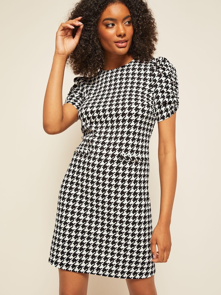Friends Like These Monochrome Short Puff Sleeve Round Neck Shift Dress - Image 1 of 4 Friends Like These Monochrome Short Puff Sleeve Round Neck Shift Dress - Image 1 of 4