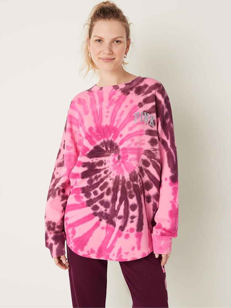 Victoria's Secret PINK Pink Spiral Tie Dye Shine Fleece Long Sleeve Oversized Sweatshirt - Image 1 of 1
