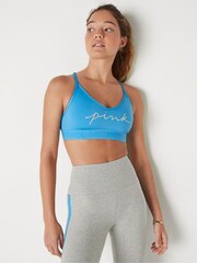Victoria's Secret PINK Azure Sky Blue Foil Script Logo Lightly Lined Low Impact Sports Bra - Image 1 of 1