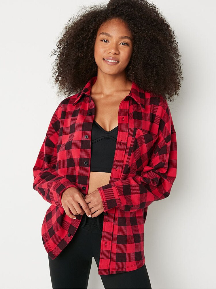 Victoria's Secret PINK Red Pepper Plaid Fleece Shirt Jacket - Image 1 of 4 Victoria's Secret PINK Red Pepper Plaid Fleece Shirt Jacket - Image 1 of 4
