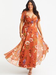 Scarlett & Jo Orange Kemi Print Maxi Bolero Wrap Bodice Dress - Image 1 of 4