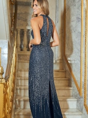 Sistaglam Navy Blue Halter Neck Beaded Sequin Maxi Dress - Image 4 of 4