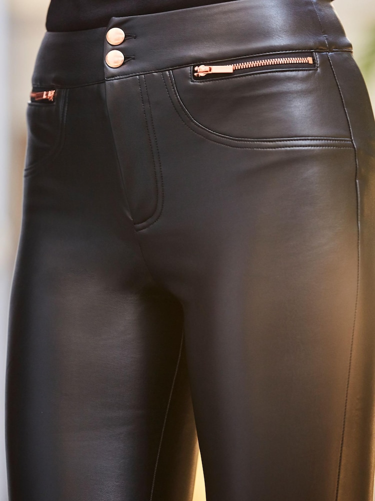 Sosandar Black Rose Gold Button & Zip Detail Leather Look Leggings - Image 5 of 5 Sosandar Black Rose Gold Button & Zip Detail Leather Look Leggings - Image 5 of 5