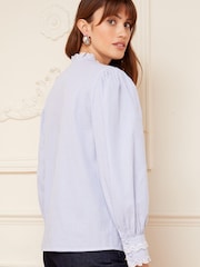 Love & Roses Blue and White Stripe Ruffle Trim V Neck Long Sleeve Blouse - Image 3 of 4