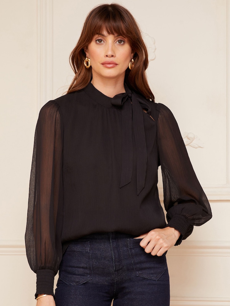 Schwarz - Love & Roses Langärmelige Bluse mit gerafften Bündchen und Bindedetail am Ausschnitt - Bild 1 von 4