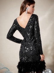 Lipsy Black Premium Sequin Feather Hem Midi Dress - Image 2 of 4