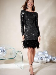 Lipsy Black Premium Sequin Feather Hem Midi Dress - Image 3 of 4