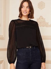 Love & Roses Black Petite Long Sleeve Dobby Mix Jersey Blouse - Image 1 of 4