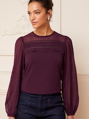 Love & Roses Berry Red Long Sleeve Dobby Mix Jersey Blouse - Image 1 of 4