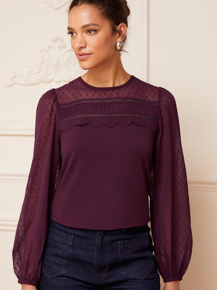 Love & Roses Berry Red Long Sleeve Dobby Mix Jersey Blouse - Image 1 of 4