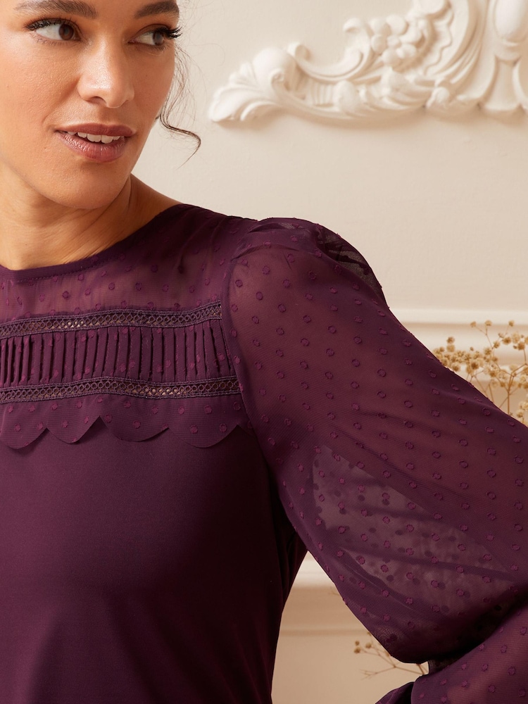Love & Roses Berry Red Long Sleeve Dobby Mix Jersey Blouse - Image 2 of 4