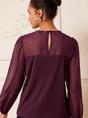 Love & Roses Berry Red Long Sleeve Dobby Mix Jersey Blouse - Image 3 of 4