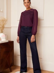 Love & Roses Berry Red Long Sleeve Dobby Mix Jersey Blouse - Image 4 of 4