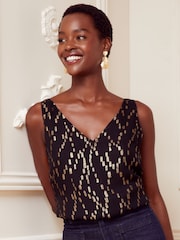 Love & Roses Black Metallic V Neck V Back Woven Vest - Image 1 of 4
