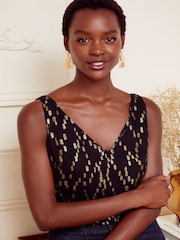 Love & Roses Black Metallic V Neck V Back Woven Vest - Image 2 of 4