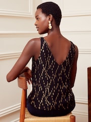 Love & Roses Black Metallic V Neck V Back Woven Vest - Image 3 of 4