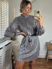 Style Cheat Silver Sequin High Neck Mini Dress - Image 1 of 5
