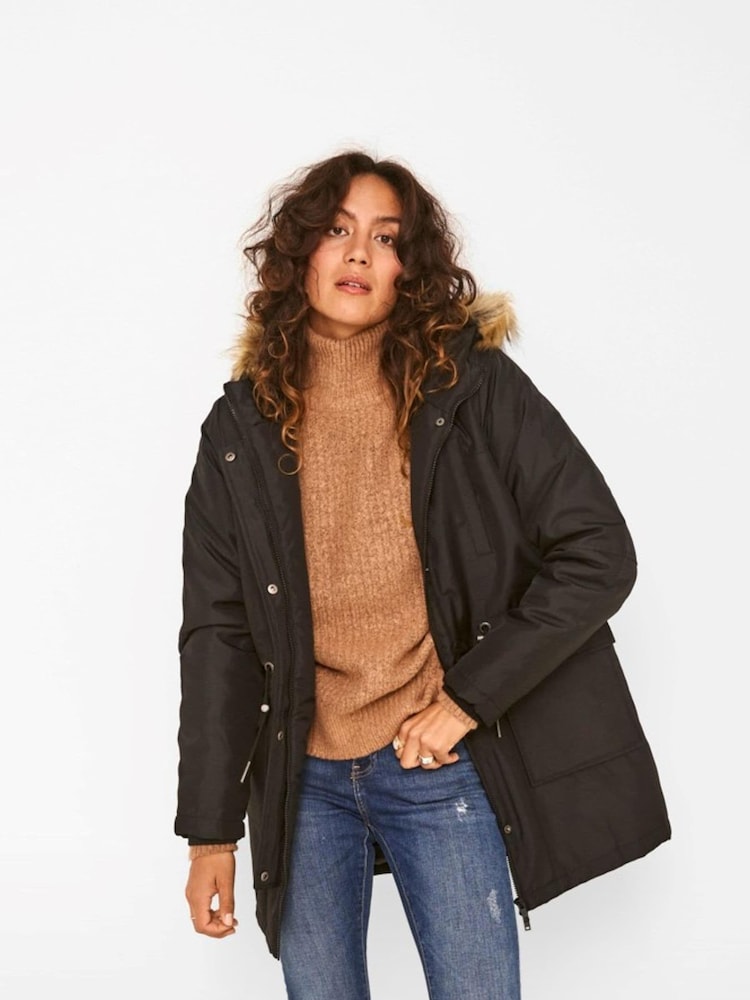 NOISY MAY Black Faux Fur Hooded Parka Coat - Image 1 of 4 NOISY MAY Black Faux Fur Hooded Parka Coat - Image 1 of 4