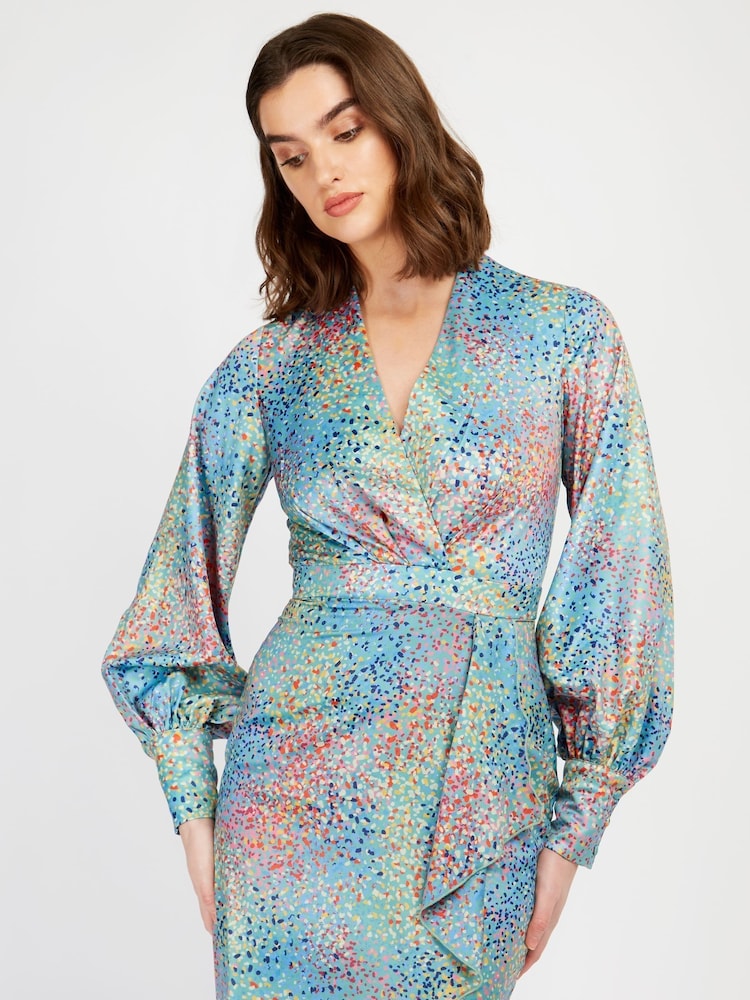 Little Mistress Blue Multi Spot Print Mini Midi Dress - Image 2 of 4 Little Mistress Blue Multi Spot Print Mini Midi Dress - Image 2 of 4