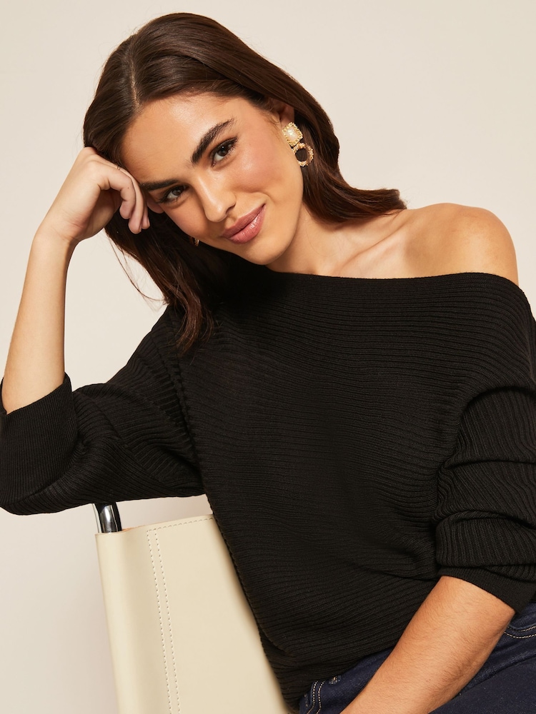 Friends Like These Black Batwing Knitted Off The Shoulder Jumper - Image 7 of 7