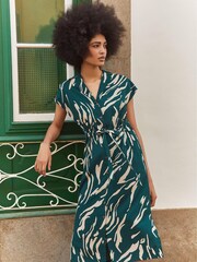 Apricot Green Swirl Tie Thru Shirt Midi Dress - Image 1 of 4