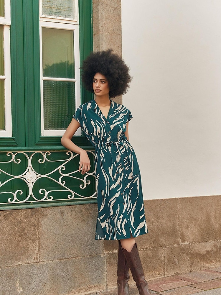 Apricot Green Swirl Tie Thru Shirt Midi Dress - Image 2 of 4