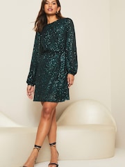 Lipsy Forest Green Regular Sequin Long Sleeve Shift Dress - Image 3 of 4