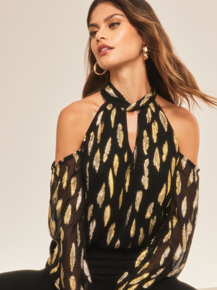 Lipsy Black Foil Metallic Cold Shoulder Long Sleeve Top - Image 4 of 4 Lipsy Black Foil Metallic Cold Shoulder Long Sleeve Top - Image 4 of 4