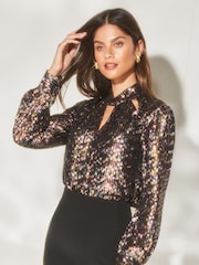 Lipsy Black Foil Cold Shoulder Keyhole Long Sleeve Top - Image 1 of 4