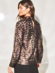Lipsy Black Foil Cold Shoulder Keyhole Long Sleeve Top - Image 2 of 4