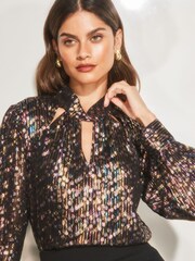 Lipsy Black Foil Cold Shoulder Keyhole Long Sleeve Top - Image 4 of 4