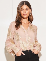 Lipsy Nude Pink Foil Metallic Long Sleeve Button Through Shirt - Image 1 of 4