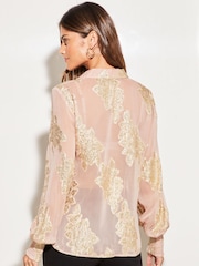 Lipsy Nude Pink Foil Metallic Long Sleeve Button Through Shirt - Image 2 of 4
