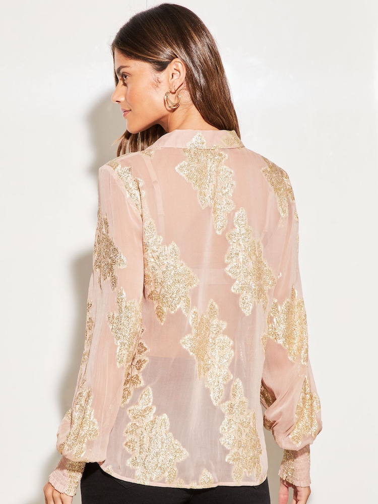 Lipsy Nude Pink Foil Metallic Long Sleeve Button Through Shirt - Image 2 of 4
